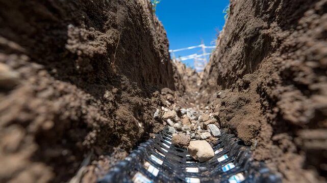 240Macro perspective of a trench showing perforated drainage pipes, angular gravel surrounding the pipe, soil layers visible on the trench walls, natural daylight highlighting texture