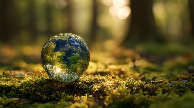 Crystal globe glass on green in forest for sustainability environmental, clean energy, and eco-friendly. Green business. carbon reduction to net zero. Earth Day, and ESG concept.