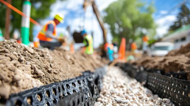 243Perspective view along a trench during foundation drainage installation, perforated pipe extending into distance, gravel neatly arranged around, tools and safety markers slightly b