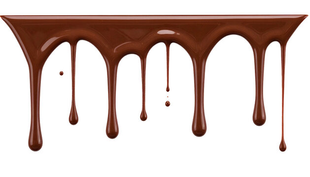Liquid dark chocolate dripping, isolated on black background, showcasing shiny texture