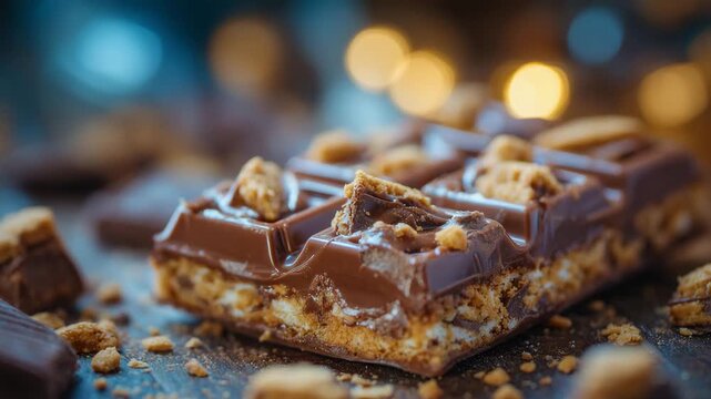 277Macro close-up of chocolate bar with crunchy cookie chunks, melted chocolate reflections, toasted golden textures, shallow depth of field isolating the snack, indulgent dessert fee