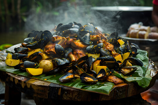 Traditional Chilean Curanto Feast with Seafood Meat and Potatoes on Nalca Leaves