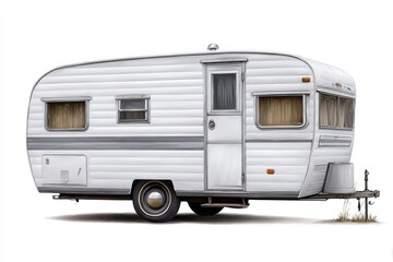 Classic white vintage travel caravan isolated on white background, representing camping lifestyle, road trips, freedom, retro design and timeless outdoor vacation culture
