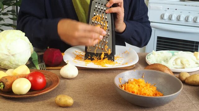 A man is preparing borscht with cabbage