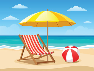 sunny summer beach with a chair, umbrella, and ball