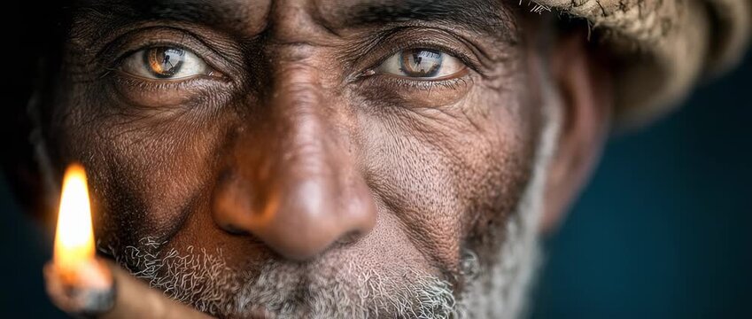 Extreme close-up of an aging man with weathered skin and intense eyes, detailed facial texture of a hard-working individual smoking a cigar