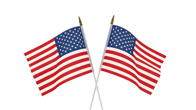 Two american flags waving on poles isolated on transparent background