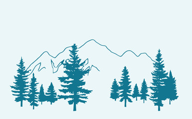Fototapeta premium Evergreen trees in front of a mountain range landscape