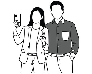 Young Couple Taking Selfie Together Modern Minimal Black White Drawing