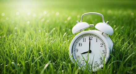 White analog alarm clock on green grass with sunlight, for time concept or schedule planning, Isolated on transparent background, png