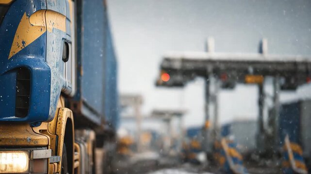 Detailed close-up of parked freight trucks at a winter border inspection zone, chipped paint and frozen grime visible, snowflakes settling on metal textures, flashing border signal