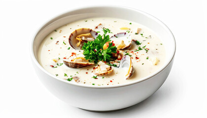 Clam chowder, traditional New England style soup, white background. AI