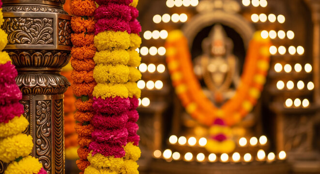 Traditional Indian floral garland toran made of marigold or zendu flower decorated temple or home. Happy Diwali festival, Pongal or Gudi Padwa. Decoration for Indian hindu holidays, wedding