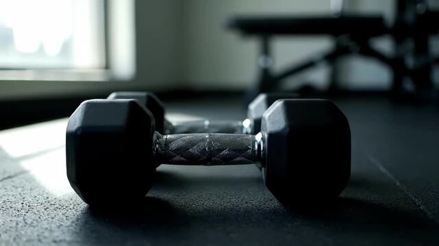 A pair of dumbbells lying on the floor of a gym with sunlight casting shadows on the equipment and floor in the background from a low angle viewpoint.