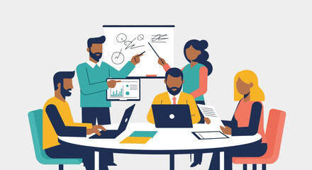 Fototapeta premium Business team collaborating around a table, presenting ideas on a whiteboard, in a modern office setting, symbolizing teamwork and strategy