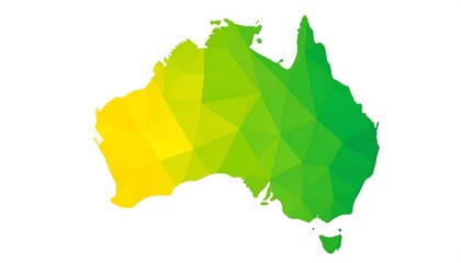 A geometric mosaic representation of the Australian continent, depicted with polygonal shapes in varying shades of green and yellow