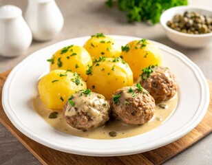 Zarte K&ouml;nigsberger Klopse aus Hackfleisch in cremiger Kapernsauce, serviert mit Salzkartoffeln und frischer Petersilie