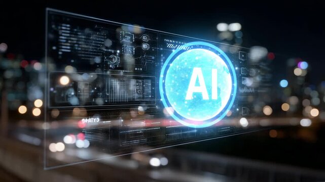 High-tech AI interface with glowing holographic icons, text creation, video, image, and voice synthesis symbols floating above virtual panels, abstract cybernetic background, neon