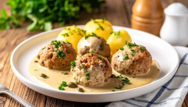 Zarte K&ouml;nigsberger Klopse aus Hackfleisch in cremiger Kapernsauce, serviert mit Salzkartoffeln und frischer Petersilie
