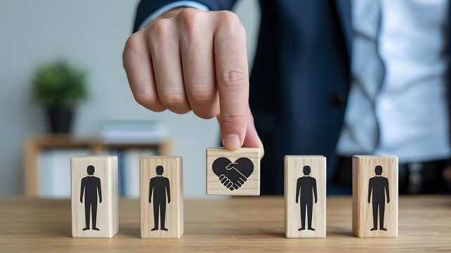 Business leader selecting teamwork values symbol among employees for hiring decision concept