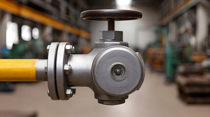 Fototapeta premium Close up of a heavy duty industrial valve on a yellow pipe within a factory setting