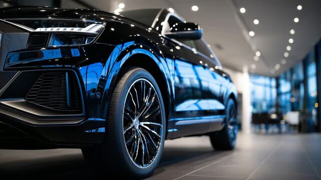 Low-angle close-up of a luxury SUV in a premium car dealership, emphasis on wheel design and lower body lines, dramatic showroom lighting sculpting the vehicle&rsquo;s form, high-end com