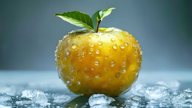 A single golden apple with dew drops on a reflective surface
