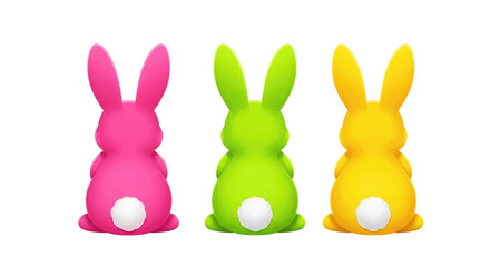 Three colorful bunny figures isolated on a transparent background