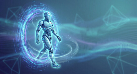 Futuristic Humanoid Robot Walks Through Digital Portal With Neon Rings.