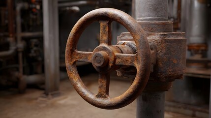 Detailed close up of a heavily rusted industrial valve with a wheel handle on a metal pipe showcasing corrosion and age within a factory environment