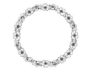 Fototapeta premium A delicate circular floral wreath composed of numerous small blossoms, rendered in grayscale