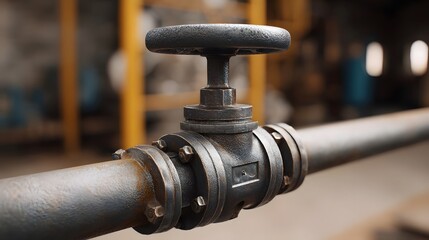 Obraz premium A detailed close up view of a weathered rusty industrial valve with a handwheel attached to a large metal pipeline in a blurred factory environment