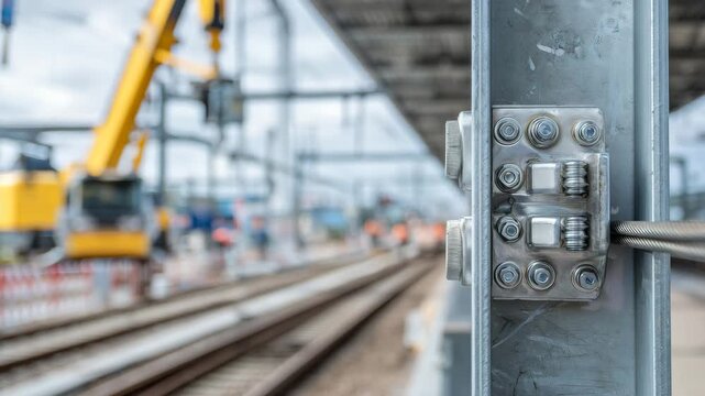 Macro-style close-up of container corner fittings during crane placement onto railway platform, steel textures, bolts, and locking points clearly visible, motion implied by taut ca