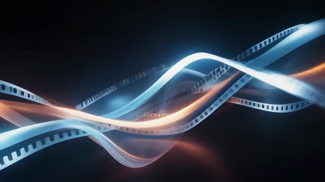 Abstract Storytelling Visualization of Flowing Film Strips Transforming into Light Waves, Cinema Evolution, Creative Media Concept