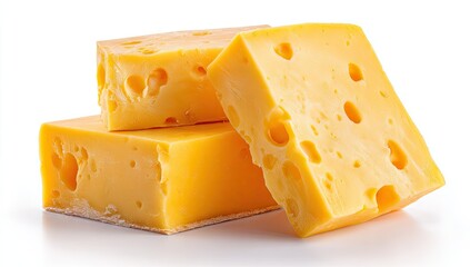 Close up of three pieces of cheddar cheese with holes on white background
