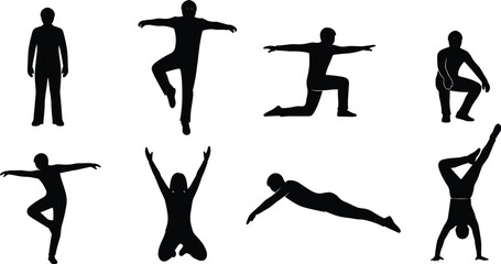 Eight black silhouettes of people in various yoga poses
