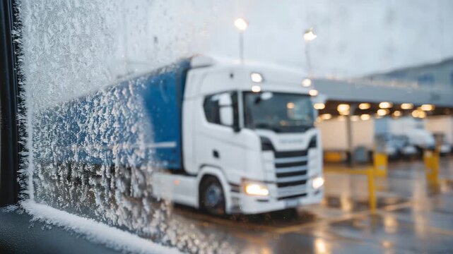 Macro-style close-up of side mirrors and doors of queued trucks at a winter border checkpoint, surfaces glazed with frost, snow clinging to rivets and handles, blurred customs boot