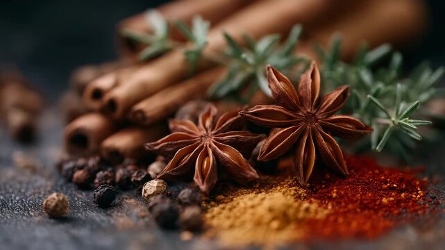 Natural-light close-up of aromatic herbs and spices, herbs slightly overlapping for depth, star anise and peppercorns placed as accents, cayenne dusted lightly across the surface,