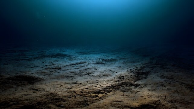 Deep ocean floor with rippled sediment illuminated by dim light