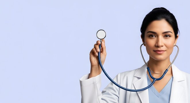 Confident female physician with stethoscope in white coat, representing women in healthcare leadership, dedication, and professionalism on Women's Day
