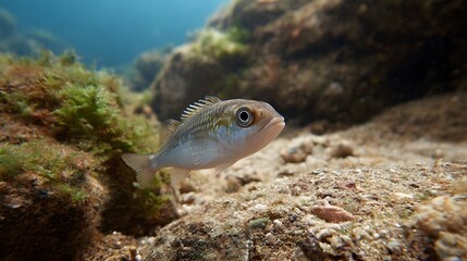 A small curious fish with light stripes swims in clear blue ocean water near a textured rocky seabed covered in green algae