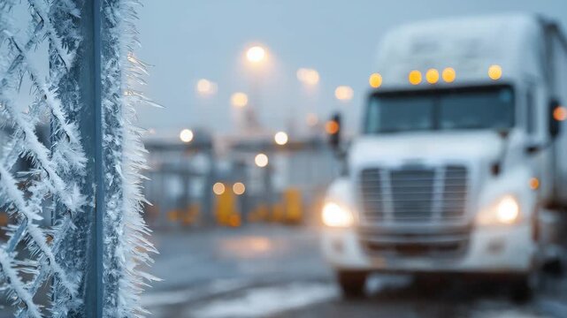 Tight perspective on truck cabs lined up at an international border checkpoint in winter, windshields rimmed with ice crystals, snow-packed tires gripping slushy asphalt, orange ma