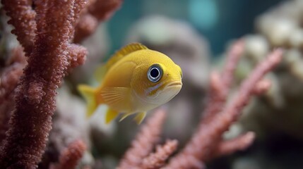 A small vibrant yellow fish navigates through a detailed coral reef ecosystem