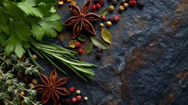 Top-down close-up of assorted fresh herbs and spices prepared for seasoning, crisp parsley leaves, aromatic rosemary sprigs, oregano clusters, bay leaves layered with star anise, p