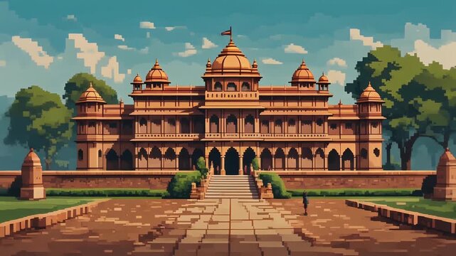 Pixelated Indian Palace Architecture Under a Bright Sky