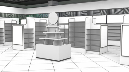 Mockup of store interior with cardboard POS display stand with round topper, empty shelving, banners and wall with geometric striped pattern. 3d illustration © Wire_man