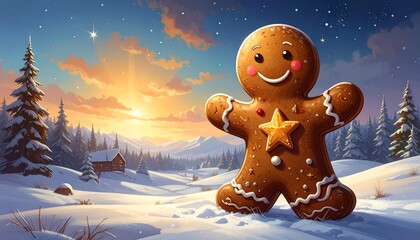 A gingerbread person stands in a snowy winter wonderland. The sunset casts warm light on the scene, with pine trees