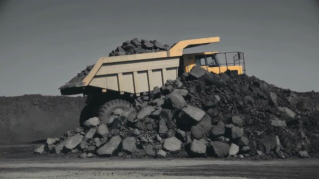 Massive yellow mining dump truck hauling dark ore or coal across a bleak industrial landscape under a gray sky.