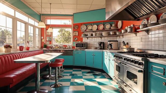 Retro diner kitchen interior featuring turquoise cabinets, red seating, and checkered flooring.