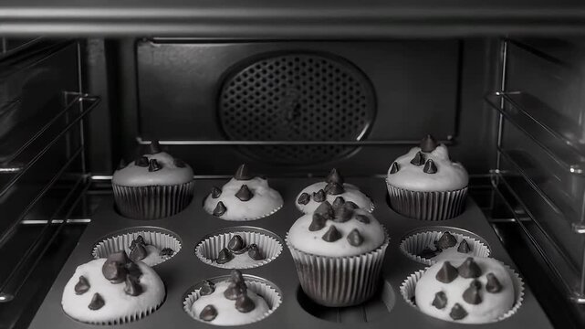 Unbaked chocolate chip muffins in a metal baking tray inside an oven.